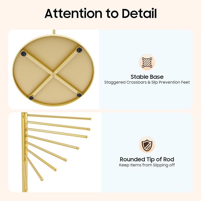 Scarf Organizer Stand, 67" Freestanding Scarf Display Rack with 30 Rods, Metal Spiral Scarf Holder Belt Pants Hanger for Commercial Clothing Retail Store Home, Space Saving Shelves(Gold)