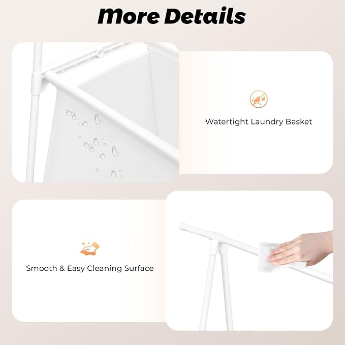 Laundry Cart with Hanging Rack, Metal Rolling Laundry Cart Laundry Hamper with Fabric Storage Basket Clothes Rack with Lockable Wheels for Hanging Clothes & Storing Toys Hats (White)
