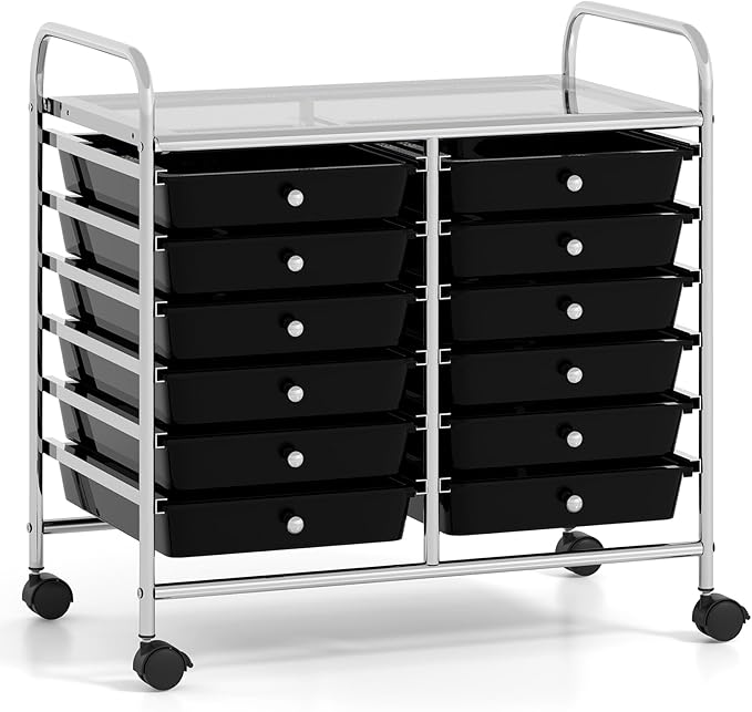 GOFLAME 12-Drawer Rolling Storage Cart, Multifunctional Art Craft Organizer Cart, Mobile Utility Storage Cart with Removable Drawers & Lockable Wheels, Craft Cart for Home Office School, Black
