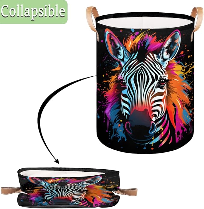 Colorful Animal Zebra Collapsible Laundry Basket Large Laundry Hamper Waterproof Foldable Storage Bins Laundry Basket with Leather Handles Clothes Nursery Hampers