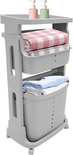Laundry Basket Holder,3-Layer Stackable Laundry Basket System Rolling Storage Cart, Vertical Laundry Sorter with Wheel for Kitchen Shelf,Fruit Stand,Clothes Basket (Grey)