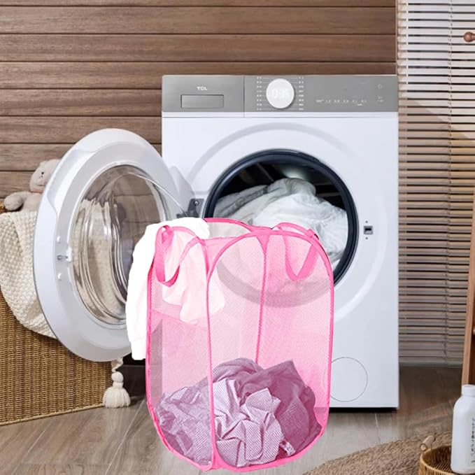 Pop Up Laundry Hamper Reinforced Collapsible Laundry Basket Foldable Clothes Hamper for Home, Dorm Room, Travel, Cruise, Pink