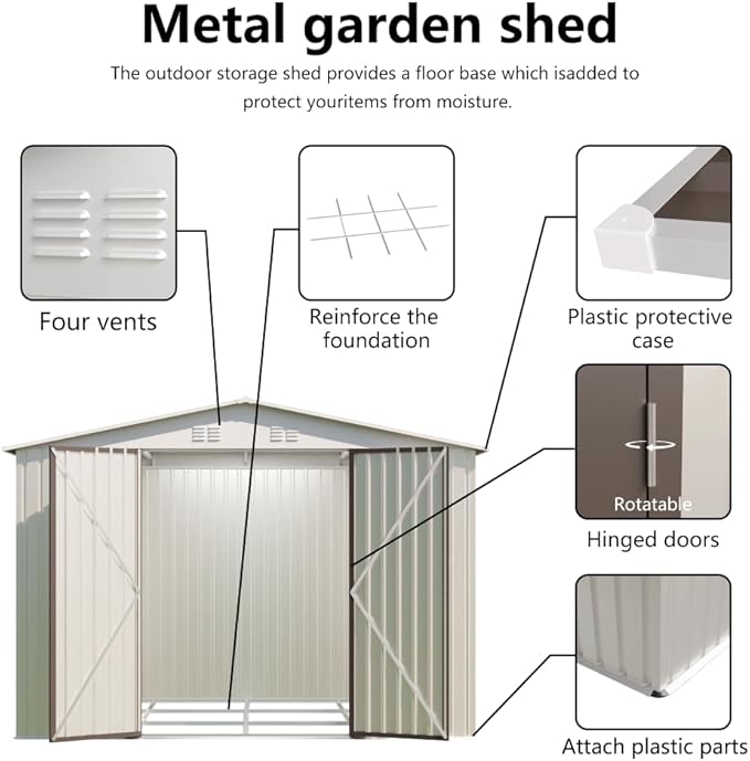 Heavy-Duty Outdoor Garden Shed with Aluminum Alloy Frame, Hinged Door, and Stable Foundation for Secure Storage (10x8 Feet White Garden Shed with Metal Base)