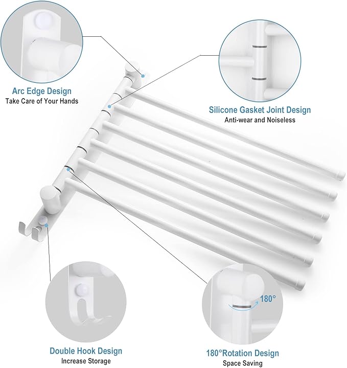 6-Arm Stainless Steel Swivel Towel Rack with Hook: Wall-Mounted, Rustproof Space-Saver for Bathroom & Kitchen-180° Rotation, 14kg Capacity(White)
