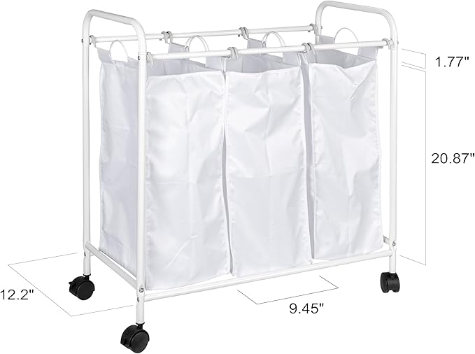 Household Essentials Rolling Triple Laundry Sorter, White