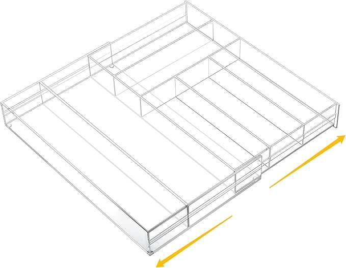 1 Pcs Acrylic Desk Drawer Organizer 9'' up to 18'' x 15'' x 2.1'' Expandable Drawer Organizer Trays with 7 Adjustable Compartments Clear Desk Accessories for Makeup Office Bathroom