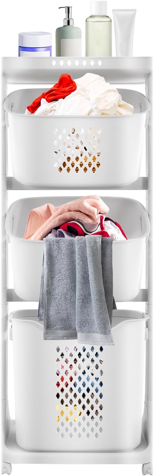 Rolling Laundry Hamper Cart, 3 Tier Portable Clothes Washing Storage Hamper with 360° Wheels & Storage Baskets, Freestanding Rolling Clothes Laundry Basket Organizer for Living Room, Bedroom