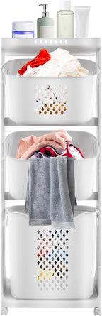 3-Tier Laundry Hamper Sorter, Lockable Rolling Cart Clothes Storage Organizer with Portable Storage Baskets Weight Capacity of 11.02 lbs Laundry Basket for Bathroom Laundry room