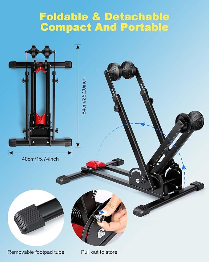 WSDCAM Bike Stand, 2-in-1 Vertical & Horizontal Storage Rack Adjustable, Foldable Bicycle Floor Stand for Garage Indoor Outdoor Small Spaces, Bike Rack Fits 16-29" Road/Mountain Bikes, Repair Stand