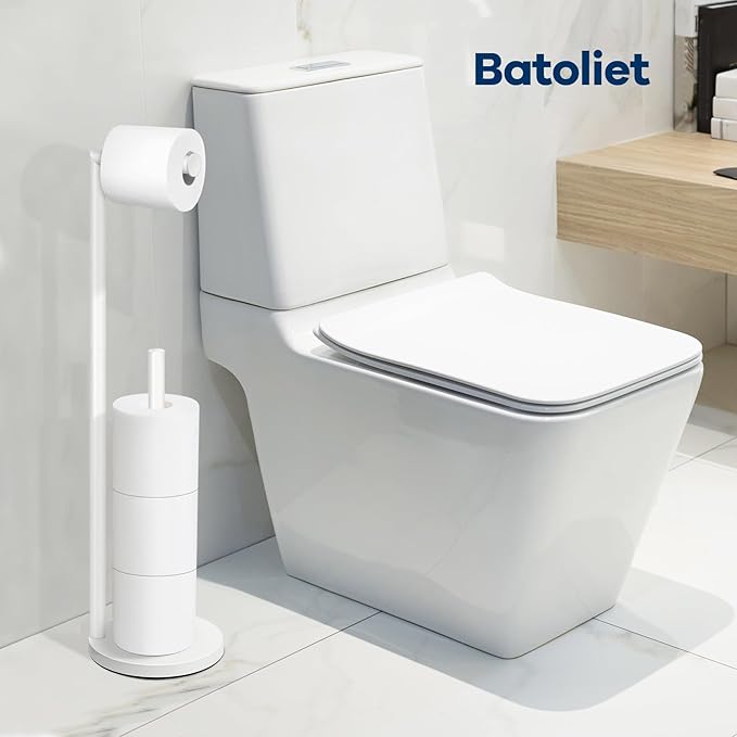 Toilet Paper Holder Stand, Bathroom Toilet Paper Roll Holder Stand with Reserve, Standing Toilet Paper Holder with Storage,Toilet Paper Roll Holder for 4 Rolls, White