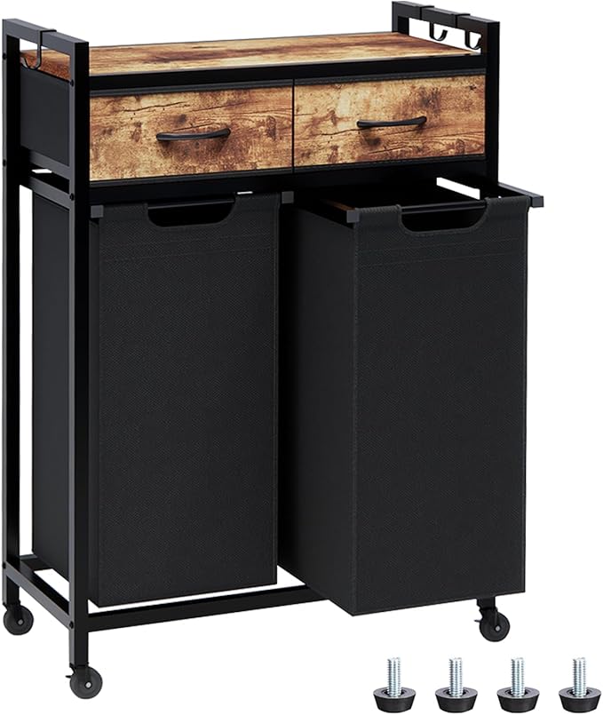 Laundry Hamper, Laundry Sorter 2 Section, Rolling Laundry Basket with Wheels, 2 Drawers, 2 × 14.5 Gal (55 L), Pull-Out and Removable Oxford Fabric Bags, Black and Rustic Brown