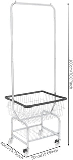 70"H Laundry Cart, Rolling Laundry Basket with Hanging Rack & Wheels, Metal Steel Wire Clothes Hamper with Storage Shelf for Homes, Hotels, Bathrooms & Commercial Laundry, 110lbs Capacity(D)