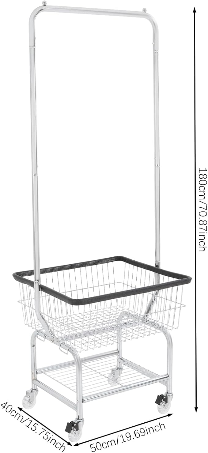 70"H Laundry Cart, Rolling Laundry Basket with Hanging Rack & Wheels, Metal Steel Wire Clothes Hamper with Storage Shelf for Homes, Hotels, Bathrooms & Commercial Laundry, 110lbs Capacity(D)