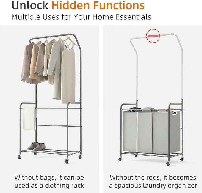 ROMOON Laundry Sorter Hamper with Hanging Bar, 3 Section Rolling Laundry Cart with Clothes Rack & Heavy-Duty Lockable Wheels, Divided Laundry Basket Organizer for Apartment & Small Spaces ((130L Grey)