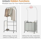 ROMOON Laundry Sorter Hamper with Hanging Bar, 3 Section Rolling Laundry Cart with Clothes Rack & Heavy-Duty Lockable Wheels, Divided Laundry Basket Organizer for Apartment & Small Spaces ((130L Grey)