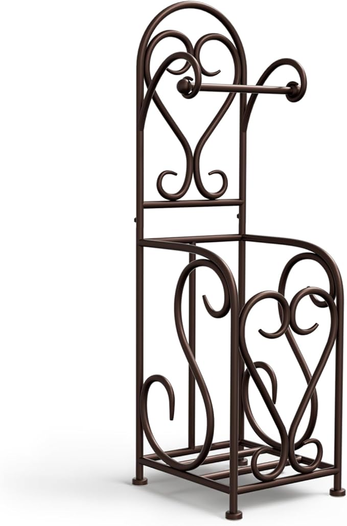 Toilet Paper Holder Free Standing with Storage for Mega Rolls, Scroll Bathroom Tissue Holder Stand, Metal, Bronze