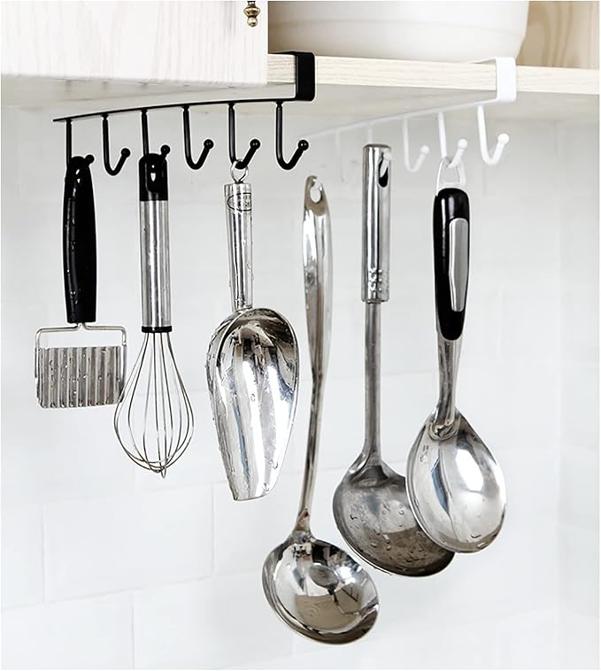 1 Pack Hanging Hooks Rack Under Cupboard Cabinet Cup Holder 6 Hooks Drilling Free Coffee Mug Holder Kitchen Utensil Storage Organizer Hook Rack (White)