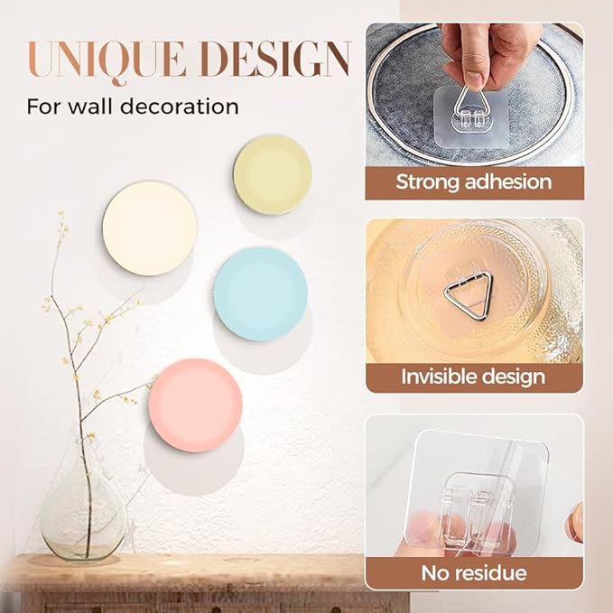 Invisible Adhesive Plate Hangers, 2025 New Plate Hangers for The Wall, Wall Plate Hangers for Display, Picture Hanging Vertical Hooks for Decorative Plates, Photo Frames, Paintings and Art (40PCS)