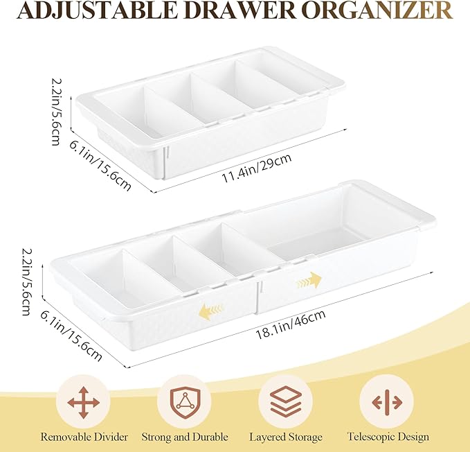 1 Pcs Expandable Drawer Organizer Bins Adjustable Deep Drawer Hanging Organizer Tray Expandable 11.4 to 18.1 Inches Plastic Dividers Storage for Office Bathroom Bedroom Kitchen Desk, White