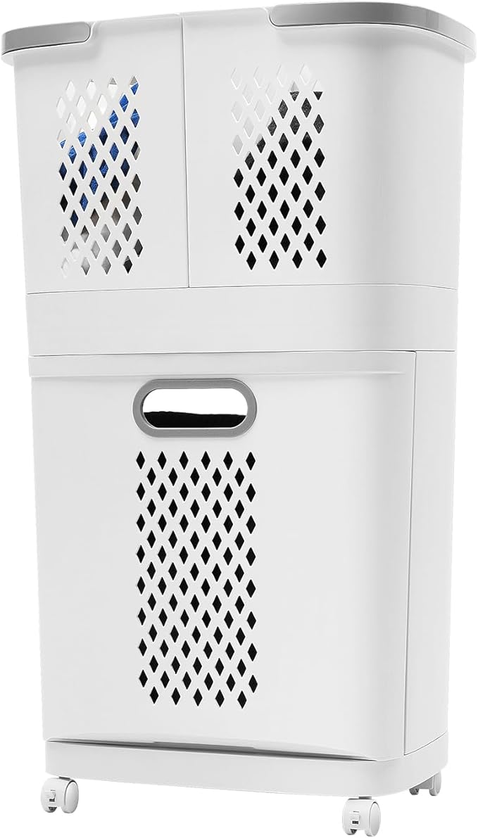 2-Layer Rolling Laundry Hamper Sorter, Multi-functional Clothes Separation Basket with Wheels Floor-Standing Plastic Laundry 3 Baskets for Home