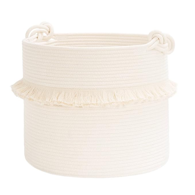 CherryNow Large Woven Storage Baskets – 16'' x 13'' Cotton Rope Decorative Hamper for Nursery, Toys, Blankets, and Laundry, Cute Tassel Nursery Decor - Home Storage Container Off-white