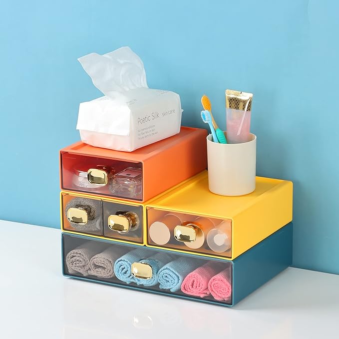 Spacious Desktop Storage Box, 1 Large 1 Middle & 2 Small Storage Drawers, Stackable Office Desk Drawer Organizer and Accessories, Printer Paper Organizer, Cyan Plastic Drawers for Workspace