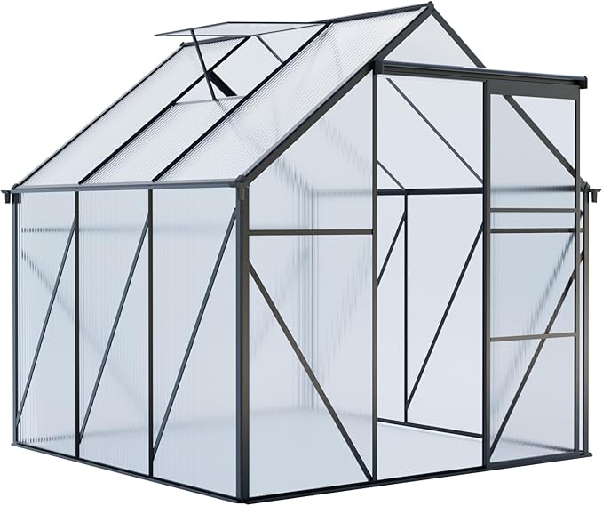 6X8FT Greenhouse for Outdoor, Polycarbonate Greenhouse with Raised Base and Anchor, Heavy-Duty Walk-in Green House with Adjustable Roof Vent and Gutter System for Patio,Backyard (Black, 6X8 FT)