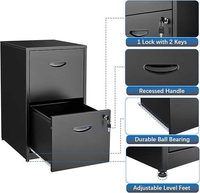 2 Drawer File Cabinet with Lock, Metal File Cabinets for Home Office, Two Drawer Locking Filing Cabinet, Small File Cabinet for Under Desk for Hanging Letter Size, Black, Assembly Required