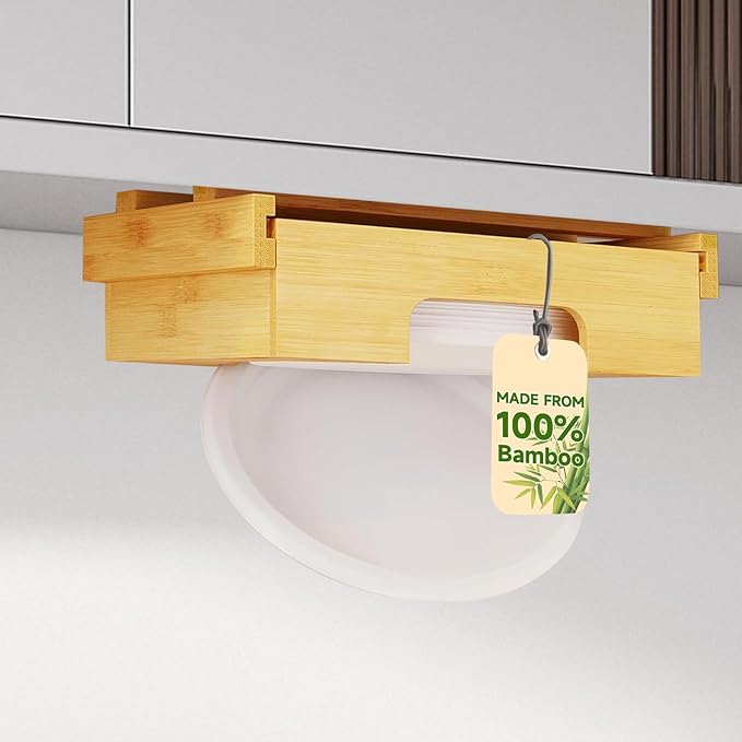Paper Plate Dispenser Under Cabinet 9 inch Bamboo Paper Plate Dispenser, Kitchen Counter Vertical Holder Organizer Countertop Caddy (9 Inch Natural)