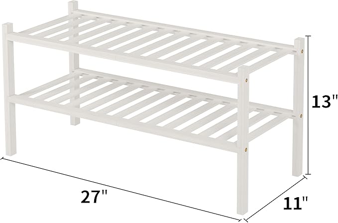 2 Tier Bamboo Shoe Rack for Closet Free Standing Wood Shoe Shelf for Entryway Small Space Stackable 27"x11"x13" (White)