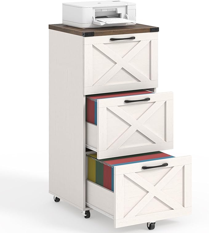 3 Drawer Tall File Cabinet with Wheels, Farmhouse Vertical Filing Cabinet Fits Letter/A4 Size, Rolling File Cabinets Wooden Printer Stand for Home Office, Rustic White