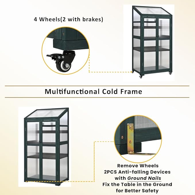 Sturdy Wooden Greenhouse for Balcony or Backyard Use with Rolling Wheels and Adjustable Shelving for Plant Growing (Green + Solid Wood + Wood)