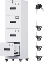 Aobabo 4 Drawer Filing Cabinet with Wheels, Lockable Metal File Cabinet with Name Card for Office and Home,Required Assembly,White