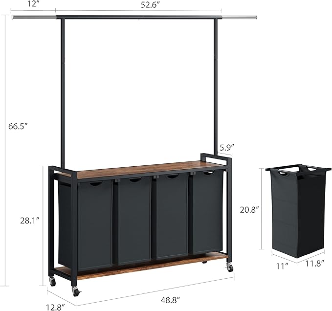 Versatile Laundry Sorter Hamper with Hanging Rack & Shelf – 4-Section Rolling Clothes Organizer, Utility Shelf, Lockable Wheels, Multi-Room Storage for Laundry Room, Bedroom, Bathroom
