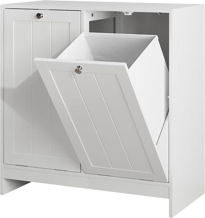 Two-Compartment Tilt-Out Laundry Sorter Cabinet,Bathroom Storage Organize Cabinet with 2 Removable Hamper Clothes Basket (White-B)