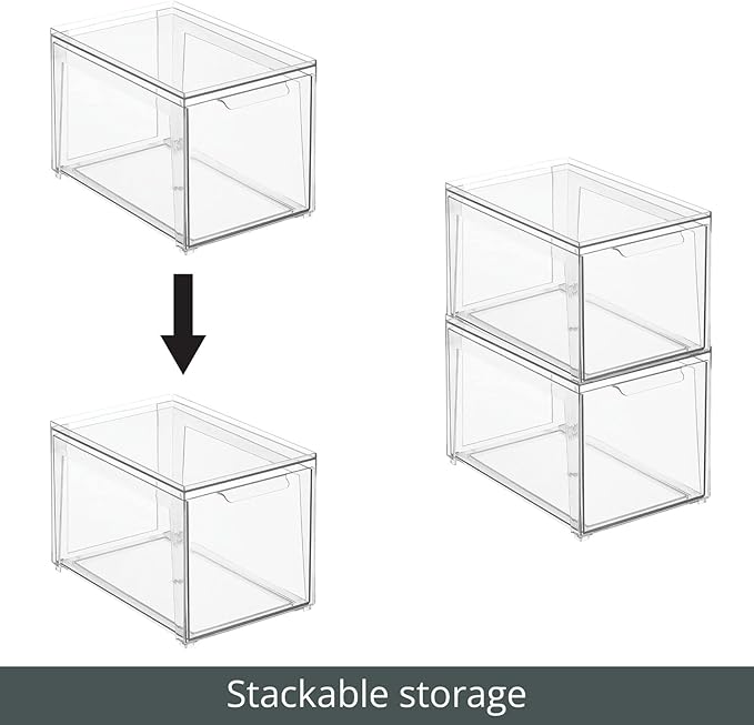 mDesign Plastic Stackable Closet Storage Organizer Bins with Pull Out Drawer for Cabinet, Desk, Shelf, Cupboard, or Dresser Organization - Lumiere Collection - 4 Pack - Clear