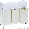 Laundry Hamper, Laundry Sorter 3 Section, Rolling Laundry Basket with Wheels, 3 Drawers, 3 × 14.5 Gal (55 L), Pull-Out and Removable Oxford Fabric Bags, White and Beige