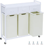 Laundry Hamper, Laundry Sorter 3 Section, Rolling Laundry Basket with Wheels, 3 Drawers, 3 × 14.5 Gal (55 L), Pull-Out and Removable Oxford Fabric Bags, White and Beige
