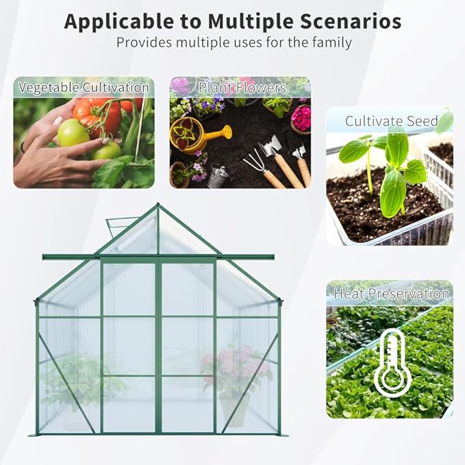 Heavy-Duty Walk-in Polycarbonate Greenhouse with Dual Sliding Doors, Adjustable Roof Ventilation, and Galvanized Steel Base for Year-Round Outdoor Gardening (Green 8*6FT)