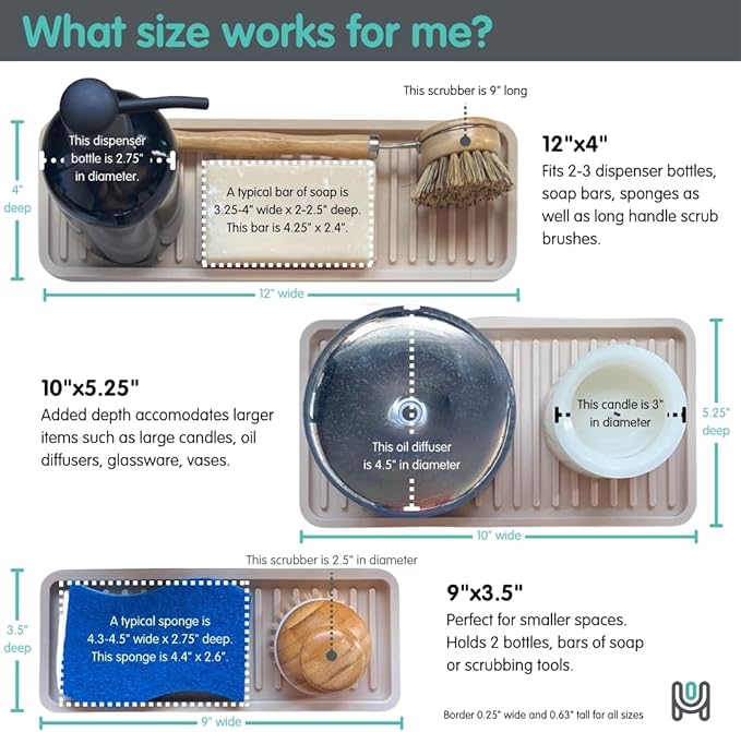 Happitasa Silicone Kitchen Sink Organizer Tray, Sponge Holder and Countertop Protector | Bathroom and Kitchen Soap Dish and Dispenser Tray (Smoky Blue, 12"x4", 9.2 Ounces)