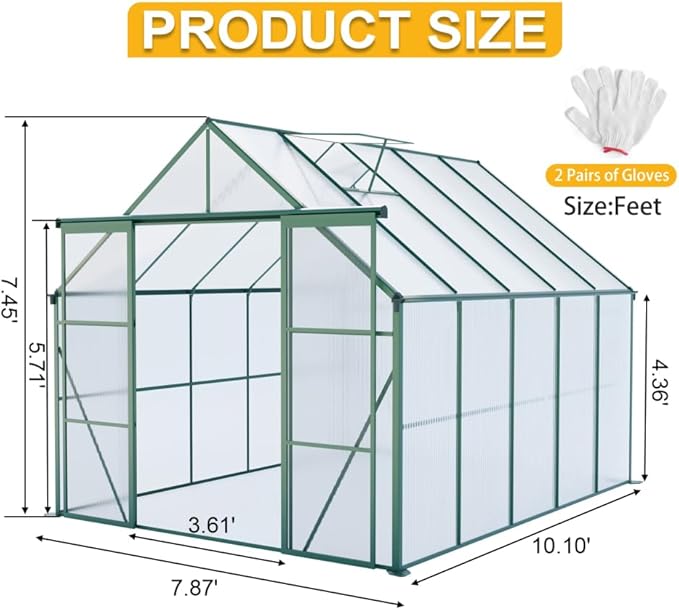 Heavy-Duty Walk-in Polycarbonate Greenhouse with Dual Sliding Doors, Adjustable Roof Ventilation, and Galvanized Steel Base for Year-Round Outdoor Gardening (Green 8*10FT)