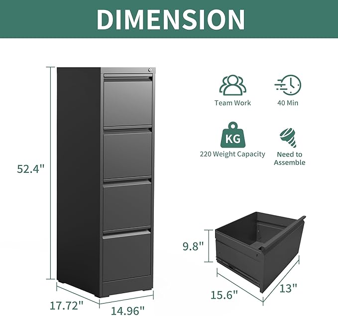 4 Drawer File Cabinet with Lock,Metal Vertical Filing Cabinets for Home Office,Heavy Duty File Storage Cabinet for Letter/Legal/A4/F4 Size File,Assembly Require (Black, Vertical 4 Drawer)