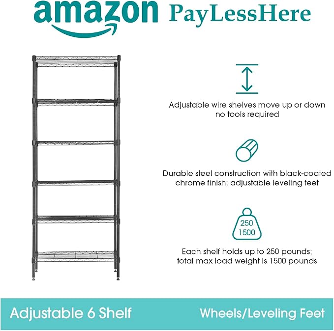 PayLessHere | 6-Tier Wire Shelf | 23"x13"x59" | Black | Adjustable Racks | Heavy-Duty Storage Shelves, Holds Upto 1500 lbs | Rust-Resistant, No-Tool Assembly | for Home, Garage Shelving