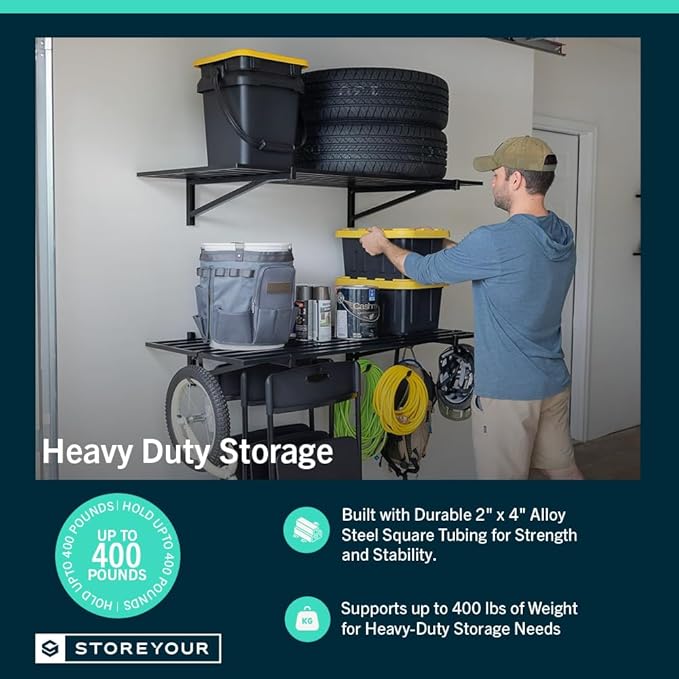 StoreYourBoard Heavy Duty Garage Shelf Wall Mount 2ft x 4ft – Wall-Mounted Shelving for Storage & Organization – Heavy Duty Garage Shelves for Tools, Bins, & Equipment – Holds 400 lbs - Black