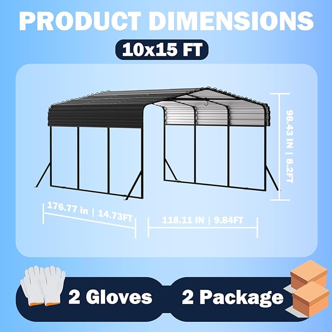10X15 FT Metal Carport, Heavy Duty Cart Port with Reinforced Galvanized Shelter, Outdoor Weather Resistant Carport Canopy, Upgrade Car Ports for Boats, Cars, Trucks, and Tractors