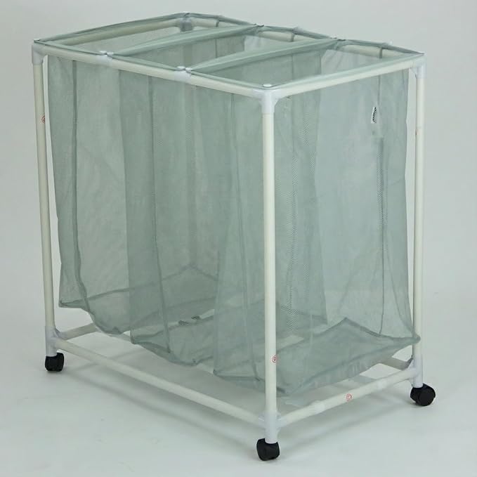 3-Bag Mesh Rolling Laundry Sorter Cart, Soft Silver, Removable Washable Bags, Easy-Roll Casters, Rust-Resistant PVC Tubing Frame w/ABS Corners, 29.5 x 19 x 30.5 in, for Dorm & Laundry Room