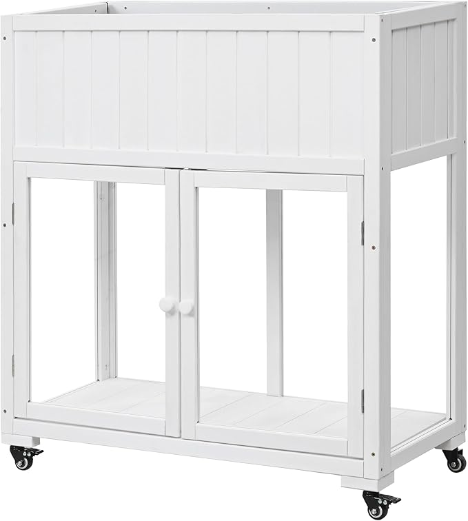 37.4" H Mini Wood Cold Frame Garden Greenhouse with 2 Doors and Wheels, Raised Bed with Liner for Indoor Outdoor Use, White