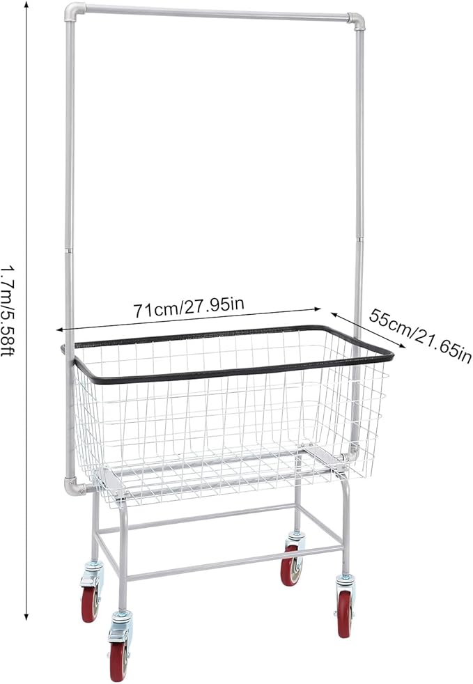Heavy Duty Laundry Cart with Wheels & Hanging Rack - 110lbs Large Rolling Laundry Hamper Basket for Home, Bathroom, Commercial Use