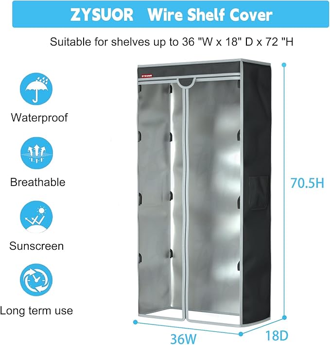 Shelf Cover Wire Shelving Rack Dust Cover,dustproof, waterproof, sunscreen, front transparent panel design for easy viewing, suitable for 36"Wx18"Dx72"H (cover only)