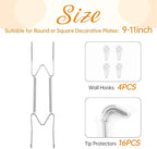 Bilillo 4 Pack Plate Hangers for The Wall, Suitable for 9-11 inch Art Plate, Stainless Steel Invisible Heavy Duty Wire Plate Holder with Wall Hooks, Plate Hangers for Displaying Plates, Silver